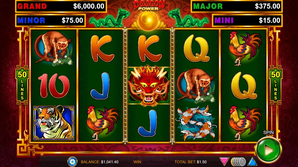 Dragon Link pokie base game reels with Tiger and Koi Fish symbols